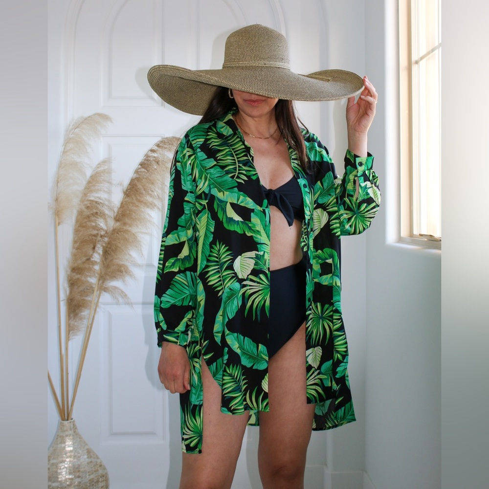 Aolro Women's Swimsuit Cover Up Shirt Dress Tropical Print Size M Brand New